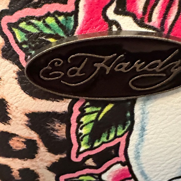 Ed Hardy Leopard Floral Skull Floral Tote Bag Hearts Butterflies New - Picture 2 of 11